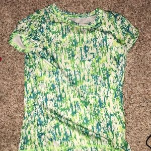 green white and blue striped athletic shirt.